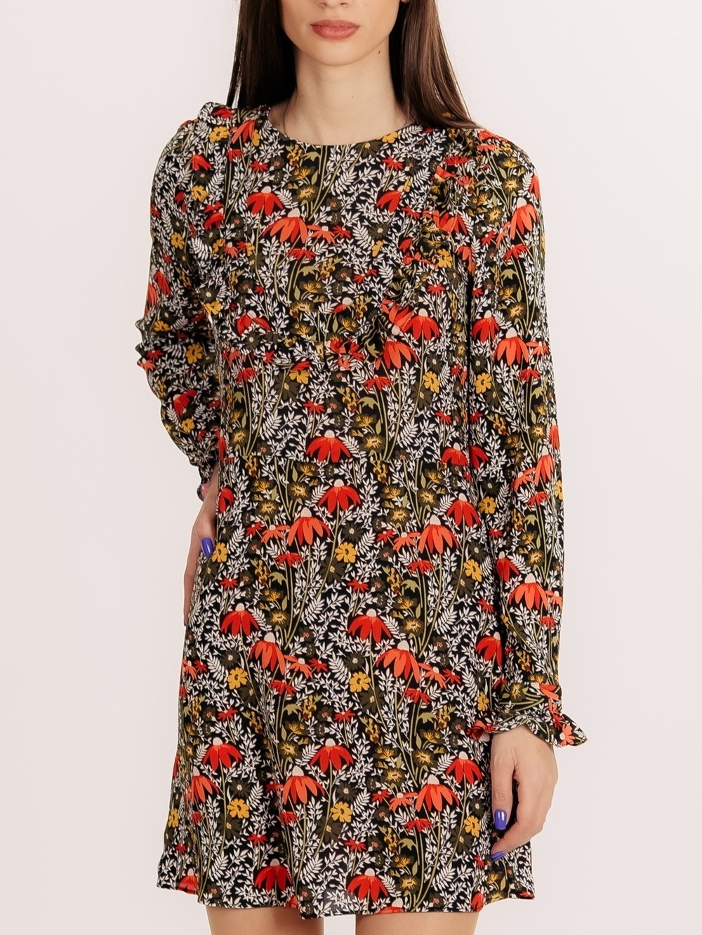 Topshop| Black Floral Long-Sleeve Mini Dress w/Red & Yellow Accents Sz 2